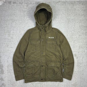 Hollister M-65 Field Jacket Size Medium Olive Green Vintage Style Military Utility Hooded Canvas Streetwear Gorpcore