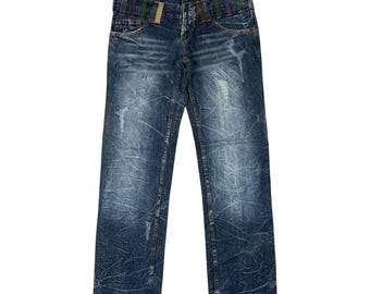 Vintage Y2K Nylaus Spiderweb Distressed Denim Jeans (maat 31 x 32) – Streetwear Harajuku-stijl