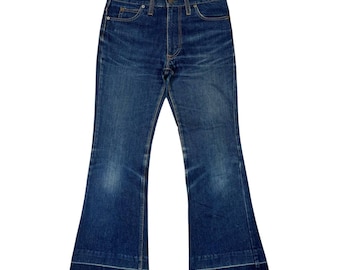 Vintage Sanford Western 310 Flare Jeans Dark Wash Blue Denim Distressed Fringed Hem Retro 70s Cowboy Rockabilly Style Size 31x30