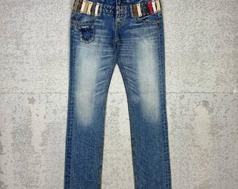 Jeans in denim Antgauge a doppia vita, lavaggio medio, blu, passanti per cintura, modello svasato decostruito, taglia giapponese 29x31