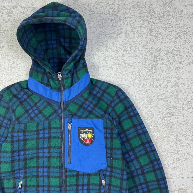 Psycho Bunny Fleece Hoodie Green Blue Plaid Checkered Zip Up Jacket image 3