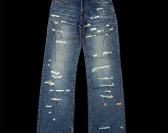 Jeans Dolce & Gabbana de mezclilla desgastada, estilo patchwork azul, estética grunge Y2K, 28x28.5, exclusivos de Japón.