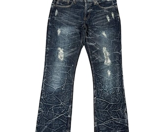 Vintage Y2K Nylaus Distressed Denim Jeans: Dark Wash Spiderweb Bootcut (Size 31x32)