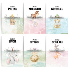 Juego de 6 carteles de Papierkind™ afirmaciones: Eres valiente, mágico, rápido, grande, fuerte e inteligente | Cuadro motivador para habitación infantil DIN A4 (A60)