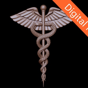 Può includere: Un modello 3D del Caduceo, simbolo della medicina, con un bastone con due serpenti intrecciati attorno e ali nella parte superiore.