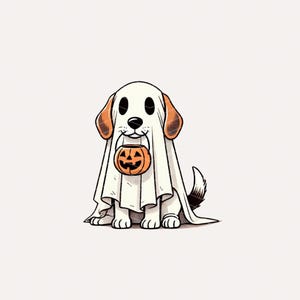 Puede incluir: Una ilustración de dibujos animados de un perro con un disfraz de fantasma blanco con dos agujeros negros para los ojos. El perro tiene orejas marrones y sostiene en su boca un pequeño cubo de calabaza naranja tipo jack-o'-lantern.
