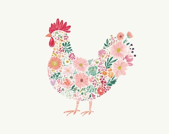 Diseño de gallo floral premium, fondo transparente / Diseño de sublimación de gallina de granja, Gallo con flores PNG