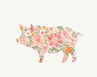 Diseño de cerdo floral premium, fondo transparente / Cerdo de flores PNG / Diseño de sublimación de granja, Clipart de cerdo