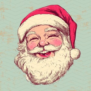 May include: A vintage illustration of Santa Claus's smiling face. He wears a red hat with white trim and a fluffy white pom-pom. His rosy cheeks, white beard, and mustache are detailed against a light teal background with a chevron pattern.