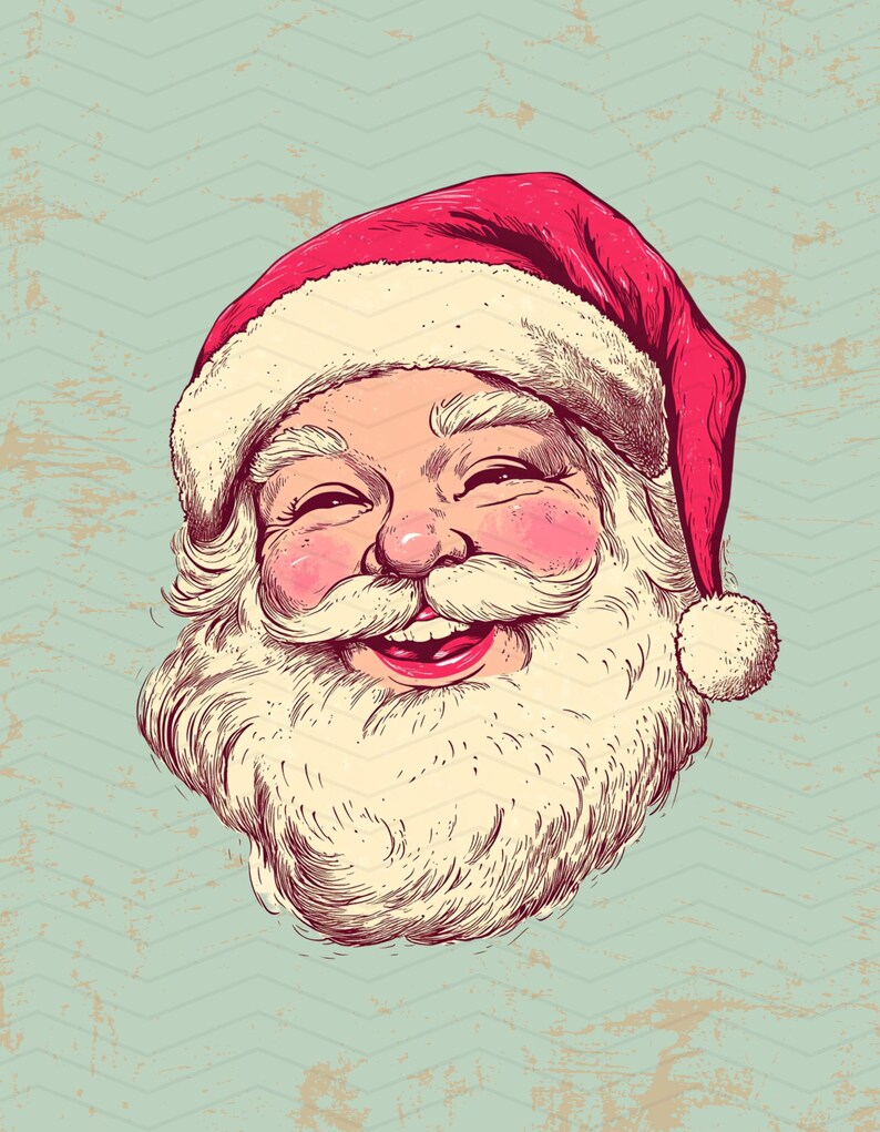 May include: A vintage illustration of Santa Claus's smiling face. He wears a red hat with white trim and a fluffy white pom-pom. His rosy cheeks, white beard, and mustache are detailed against a light teal background with a chevron pattern.