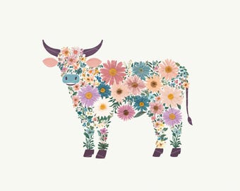 Diseño de vaca floral premium, fondo transparente / vaca con flores PNG / diseño de sublimación de granja