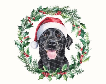 Black Lab Christmas Wreath Premium PNG, Transparent Background, DTF Ready | Dog Santa Hat | Watercolor Christmas PNG | Holiday Dog Design