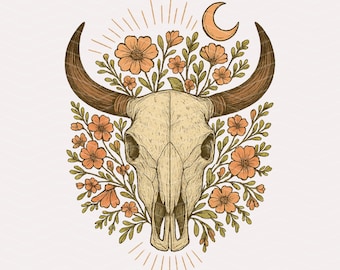 Floral Cow Skull PNG: Western Boho Clipart, Sublimation Design (Digital Download)