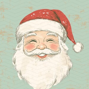 May include: A vintage illustration of Father Christmas with a red hat and white beard. The image features a smiling Santa with rosy cheeks and a white mustache. The background is a light teal colour with a chevron pattern.