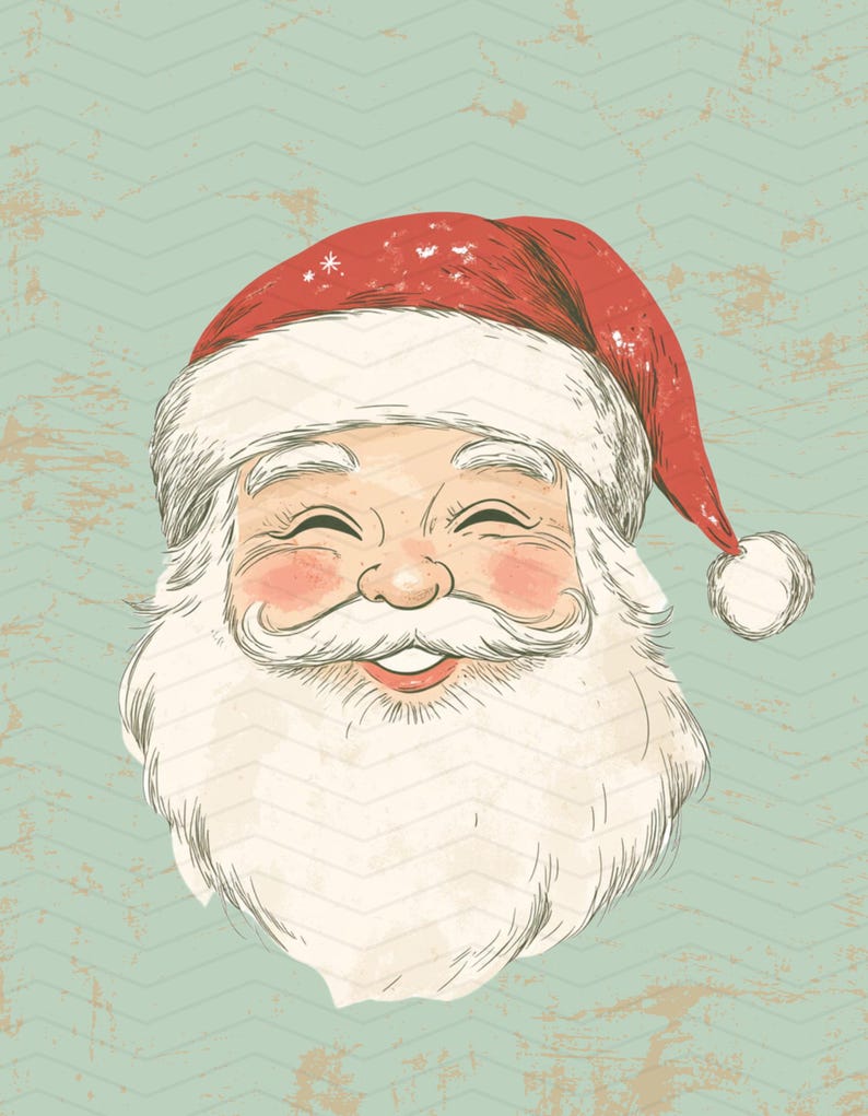 May include: A vintage illustration of Father Christmas with a red hat and white beard. The image features a smiling Santa with rosy cheeks and a white mustache. The background is a light teal colour with a chevron pattern.