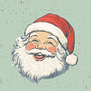 May include: A vintage illustration of Santa Claus's smiling face. Santa is wearing a red hat with white trim and has a long, white beard and mustache. The background is a textured, light green with a chevron pattern.