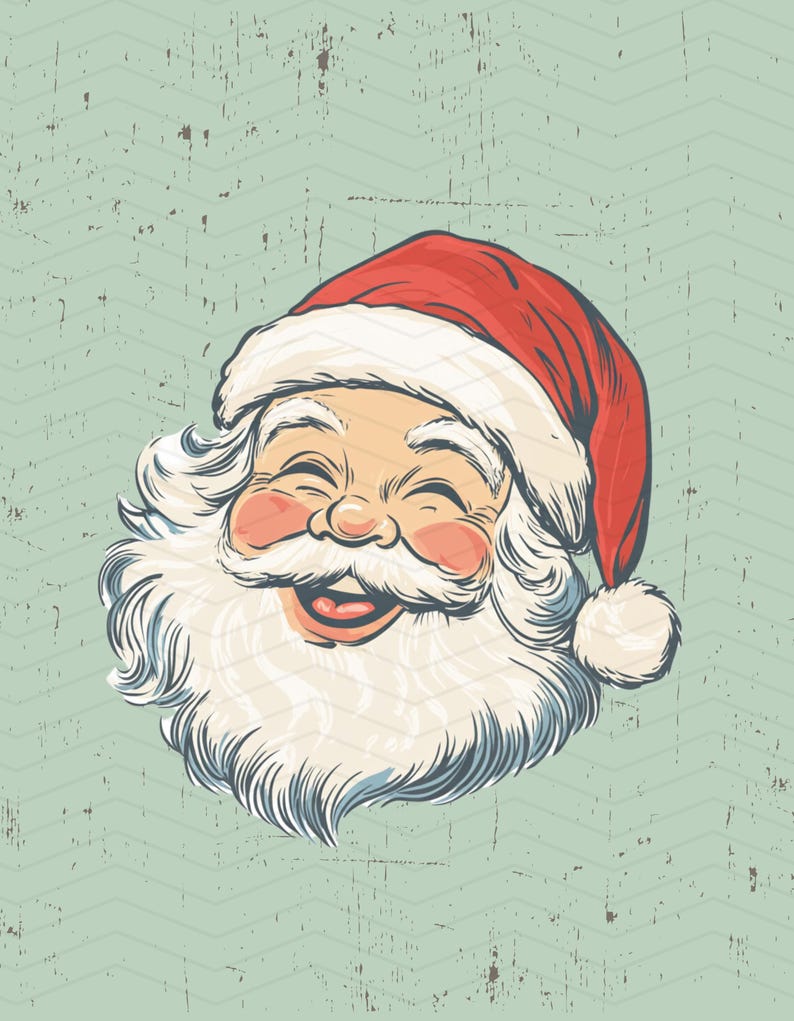 May include: A vintage illustration of Santa Claus's smiling face. Santa is wearing a red hat with white trim and has a long, white beard and mustache. The background is a textured, light green with a chevron pattern.