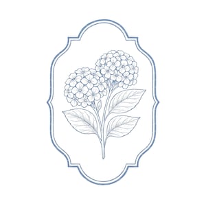 Könnte beinhalten: Eine blau-weiße Illustration von zwei Hortensienblütenköpfen mit Blättern und Stängeln, die in einem dekorativen Rahmen eingeschlossen sind. Das florale Design ist detailliert mit feinen Linien, die eine klassische und elegante Ästhetik schaffen.