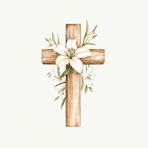 May include: Watercolor illustration of a wooden cross adorned with white lilies and green foliage. The cross has a natural wood grain texture, and the flowers are delicately painted with soft shadows.