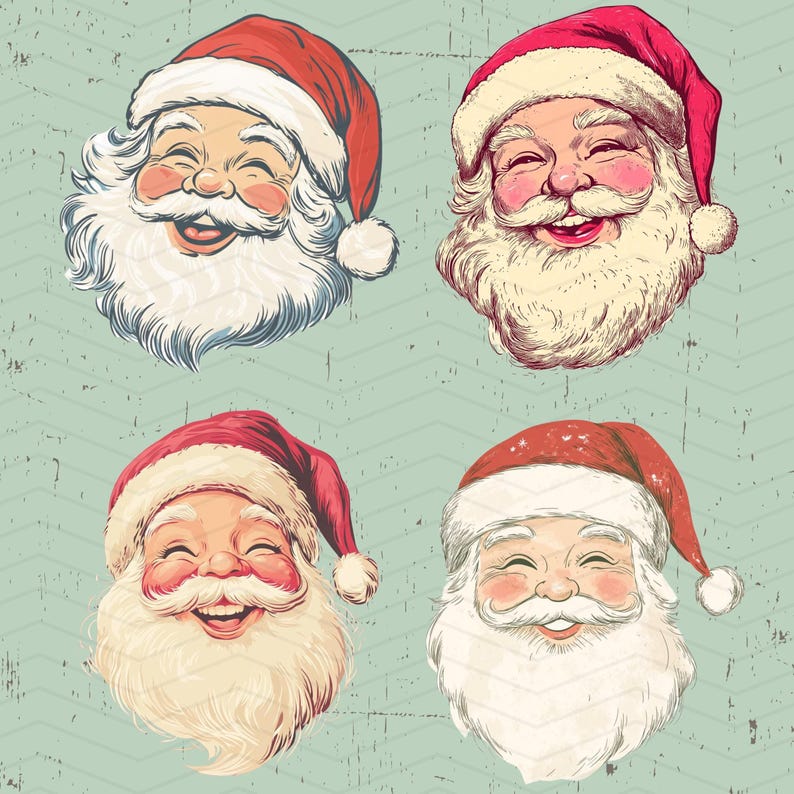 May include: Four illustrations of Santa Claus's face, each with a smiling expression. Santa wears a red hat with white trim and has a white beard and moustache. The background is a light teal colour with a distressed texture.