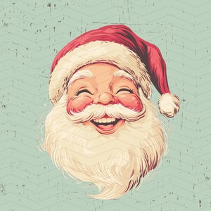 May include: A vintage illustration of Father Christmas's smiling face. He wears a red hat with a white trim and a fluffy white beard. The background is a light teal colour with a subtle chevron pattern and a distressed texture.