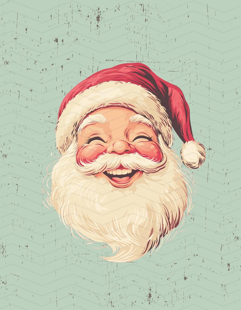 May include: A vintage illustration of Father Christmas's smiling face. He wears a red hat with a white trim and a fluffy white beard. The background is a light teal colour with a subtle chevron pattern and a distressed texture.