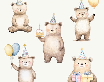 Watercolor Birthday Bear Clipart: Party PNG Images (Digital Download)