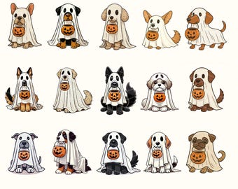 Dog Ghost PNG Bundle, 15 Breeds: Halloween Trick or Treat Dog Designs (Digital Download)