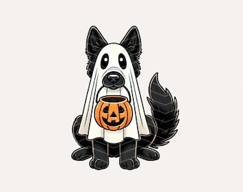 May include: A black dog illustration wearing a white ghost costume with two eye holes. The dog is sitting and holding an orange plastic jack-o'-lantern candy bucket in its mouth. The design features bold black outlines and a cartoon style.