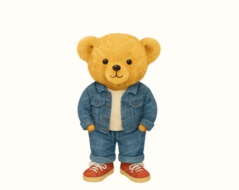 Retro Teddy Bär Clipart - Preppy Jeansjacke PNG (digitaler Download)