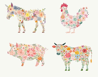 Paquete de diseño de animales de granja con flores de primera calidad, 4 imágenes / Animales de granja con flores PNG / Diseño de sublimación de animales de granja, Clipart de granja
