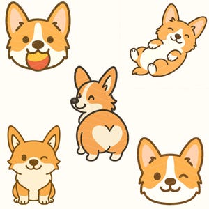 May include: A set of cartoon corgi illustrations in different poses. The dogs are coloured orange, white, and brown, with expressive faces and playful postures. One corgi has a heart-shaped marking on its rear.