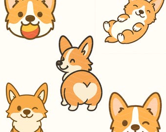 May include: A set of cartoon corgi illustrations in different poses. The dogs are coloured orange, white, and brown, with expressive faces and playful postures. One corgi has a heart-shaped marking on its rear.