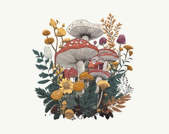 Mushroom PNG: Vintage Floral Sublimation Design (Digital Download)