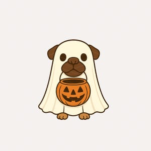 Puede incluir: Una ilustración de dibujos animados de un perro pug de color canela con un disfraz de fantasma blanco. El pug tiene orejas y hocico de color marrón oscuro. Sostiene un cubo de dulces naranja con forma de calabaza con una cara negra tallada.