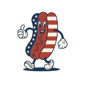 4. Juli Hot Dog Maskottchen, Premium PNG Design, transparenter Hintergrund | Vierter Juli PNG | 4.Juli Sublimation | Retro Hot Dog Clipart