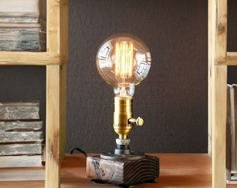 Henry Unique Wood Lámpara de mesa-Lámpara de escritorio-Edison Steampunk-Decoración rústica del hogar-Decoración de la granja-Decoración del hogar-Accesorios de escritorio-Iluminación industrial