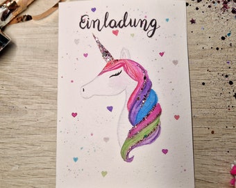 Watercolor invitation card unicorn with glitter / folding card / invitation / birthday / party