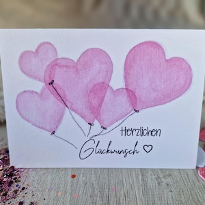 Biglietto acquerello "Congratulazioni" / palloncini a cuore / biglietto pieghevole / regalo / compleanno