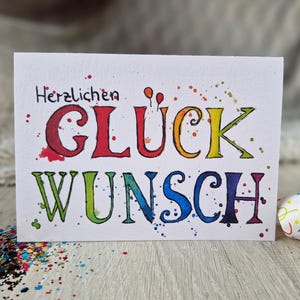 Aquarell Karte "Herzlichen Glückwunsch" / bunt / Klappkarte / Geschenk / Geburtstag