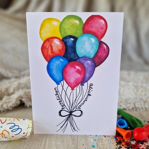 Biglietto d'auguri ad acquerello "Congratulazioni" / biglietto d'auguri / biglietto pieghevole / palloncini / compleanno colorato
