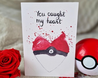 Aquarell Valentinstagskarte "You caught my heart" / Pokeball / Herz / Pokemon / Gaming / Nintendo / Liebe / Klappkarte /