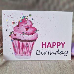 Watercolor glitter birthday card "Happy Birthday" with cupcake / birthday card / folding card / muffin / birthday