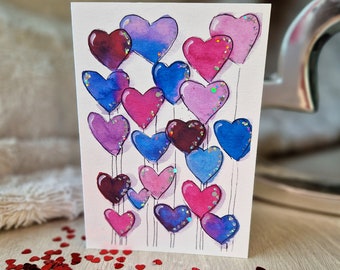 Carte aquarelle ballons coeur / coeurs / carte pliante / Fête des mères / amour / paillettes