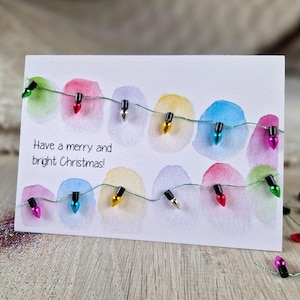 Aquarel kerstkaart "Heb een vrolijk en helder kerstfeest!" / met echte kleurrijke kerstverlichting / kerstverlichting / kerst / vouwkaart