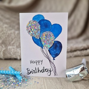 Aquarell Glitzer Geburtstagskarte "Happy Birthday" / Karte zum Geburtstag / Klappkarte / Ballons / Geburtstag / Glitzer / blau