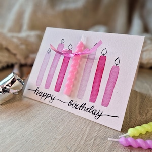 Aquarell Geburtstagskarte "Happy Birthday" / Klappkarte /  mit echter Kerze / pink / rosa / blau