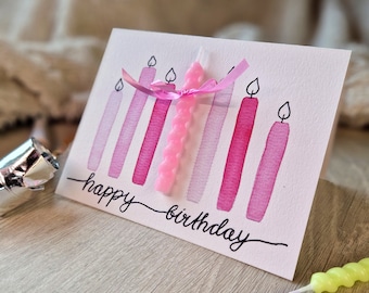 Carte d'anniversaire aquarelle « Joyeux anniversaire » / carte pliante / avec vraie bougie / rose / rose / bleu