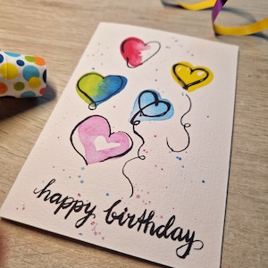 Watercolor birthday card Happy Birthday / birthday card / folding card / hearts / sketchy / colorful / birthday image 1