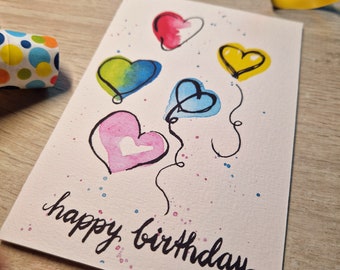 Watercolor birthday card "Happy Birthday" / birthday card / folding card / hearts / sketchy / colorful / birthday